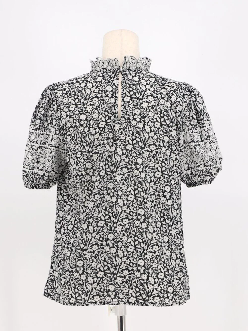 BODEN Floral Ruffle Mockneck Short Puff Sleeve Cotton Top Size 8